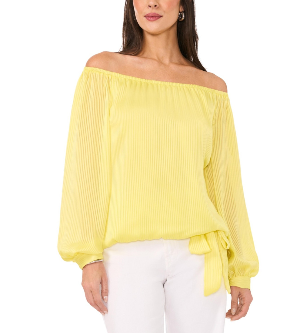 Vince Camuto Women Off-the-Shoulder Tie Front Blouse Limoncello Size L